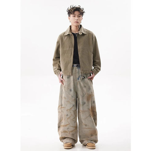 Summer Yellow Mud Graffiti Jeans Men's Y2K Vintage High Waisted Streetwear